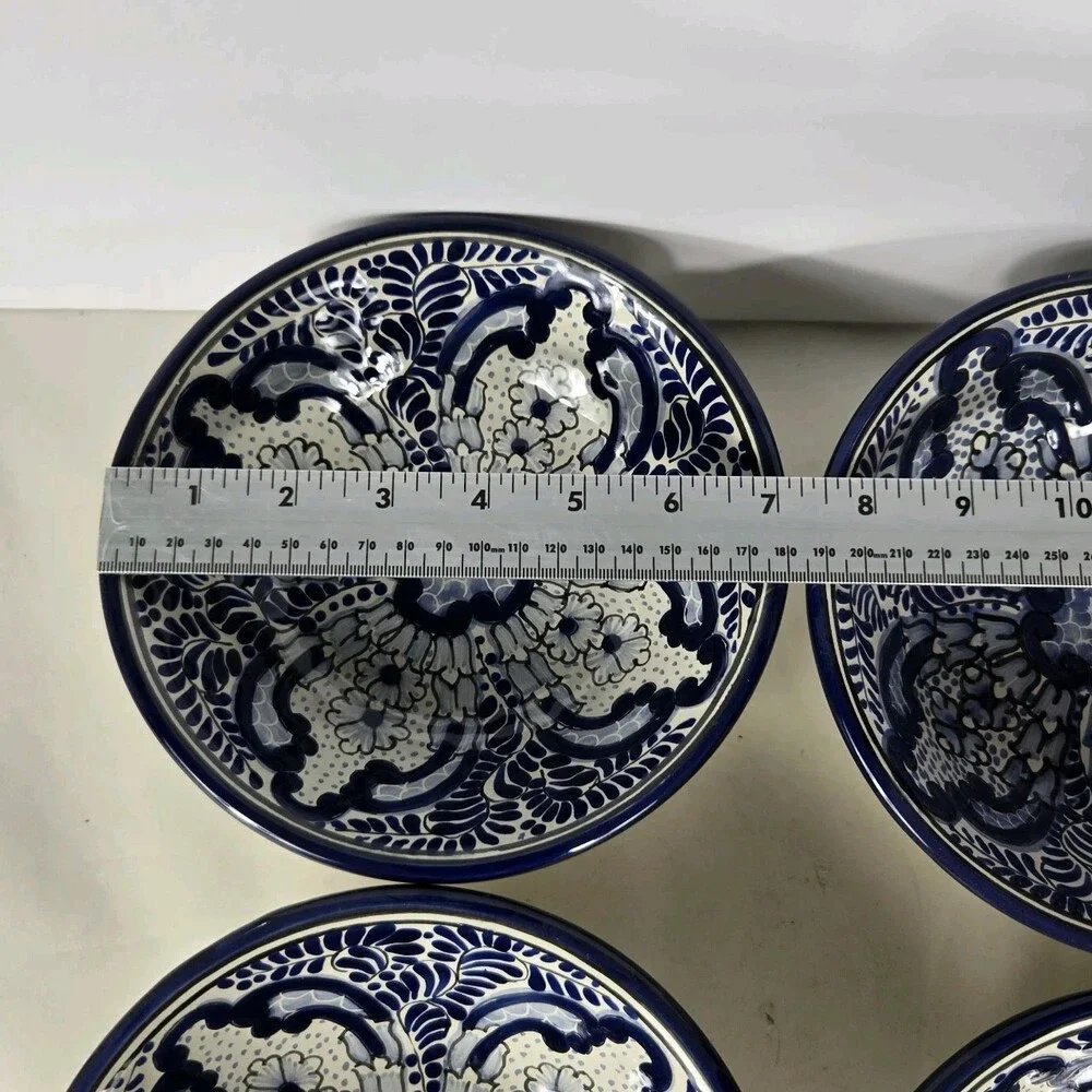 Set Of 4 Talavera Pottery Mexican Art Blue & White Soup Plate 2.5 X 7 Inches
